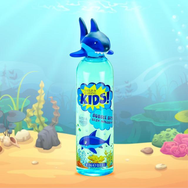 Kids bubble bath bottle with shark-shaped cap and colorful underwater background