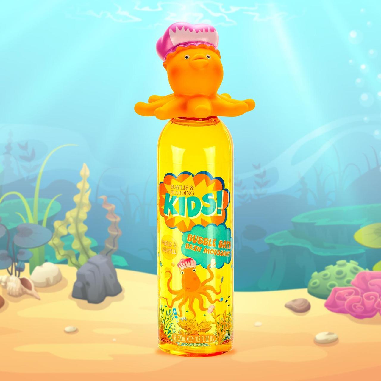 Kids bubble bath bottle with orange octopus cap in underwater cartoon scene