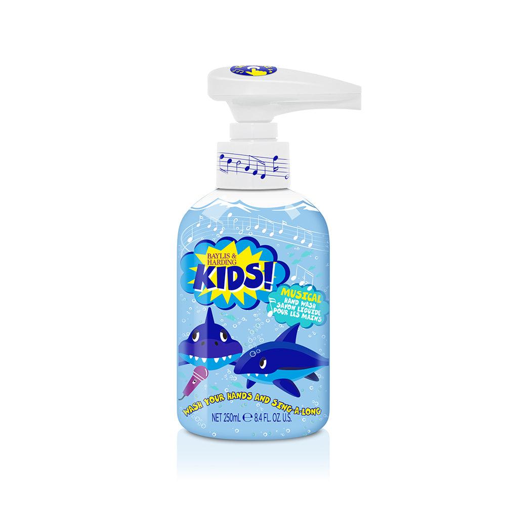 Kids 250ml musical hand wash bottle with cartoon sharks, music notes, and blue pump dispenser