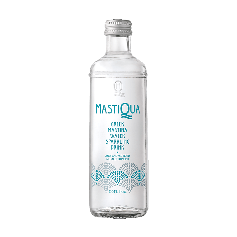 Mastiqua 330ml clear glass bottle of Greek mastiha sparkling water with blue label, isolated.