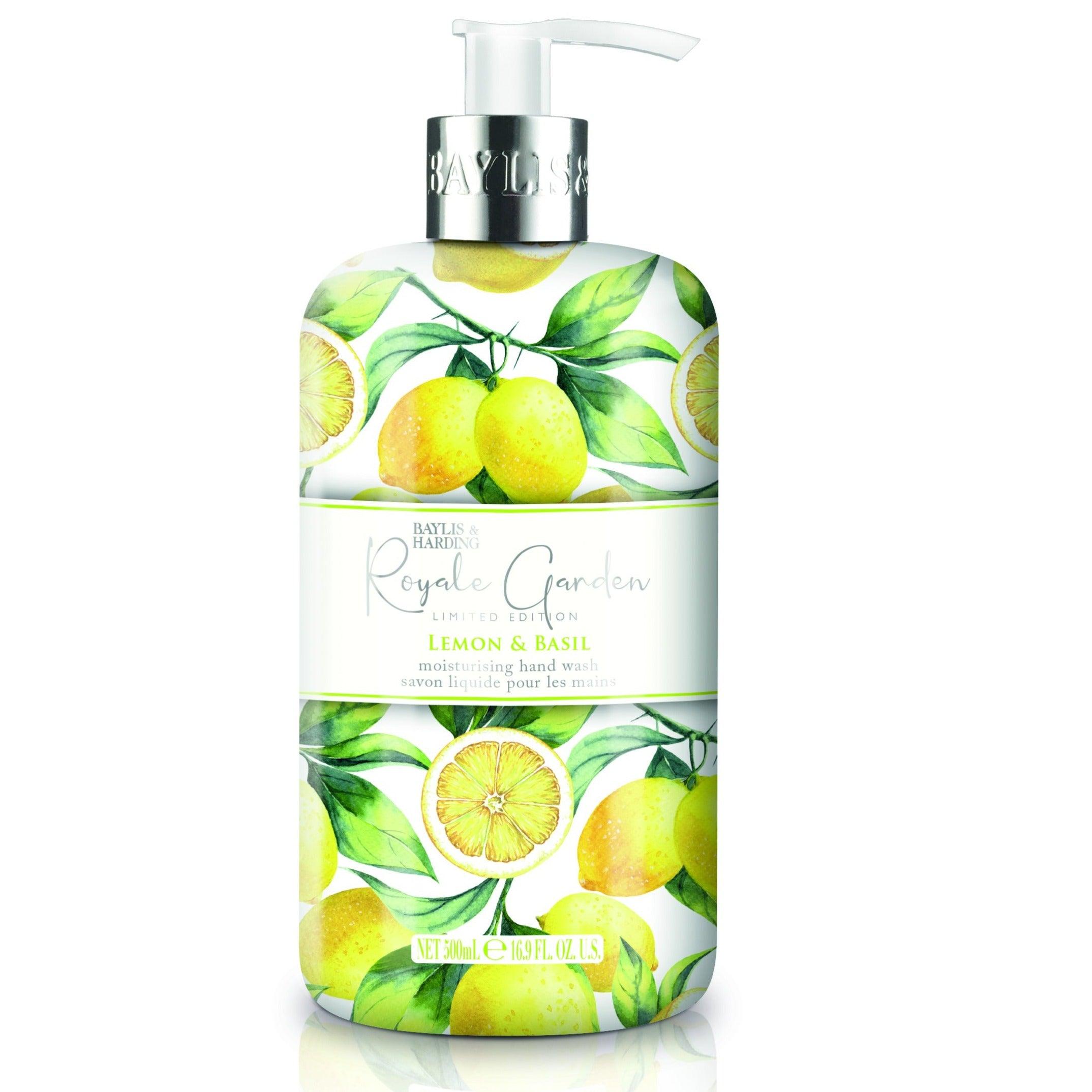 Lemon and basil moisturizing hand wash in floral pump bottle, 500ml, on white background